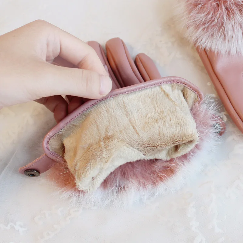 ���� �ܿ� PU ���� �尩 ���� ������ ��ġ ��ũ�� ���� �Ȱ� guants mujerRabbit Hair Cold-proof �Ϳ��� �尩