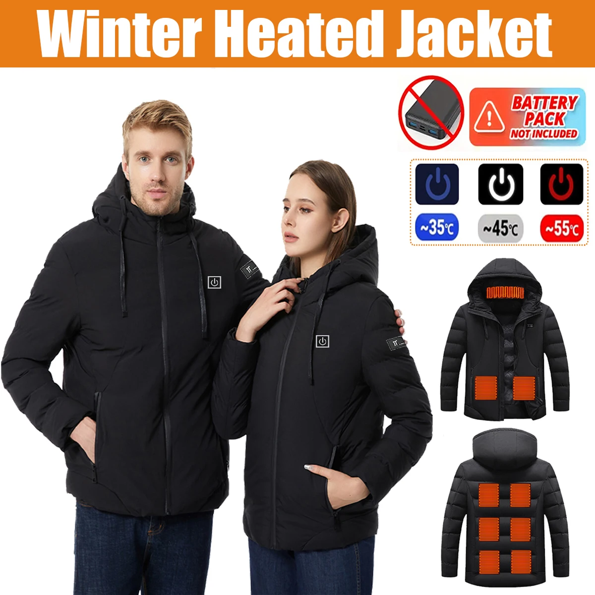 Men's Heated Jacket, Winter Warm Outdoor USB Electric Heated Jacket with 9 Carbon Fiber Heating Pads, 3 Temperature Levels