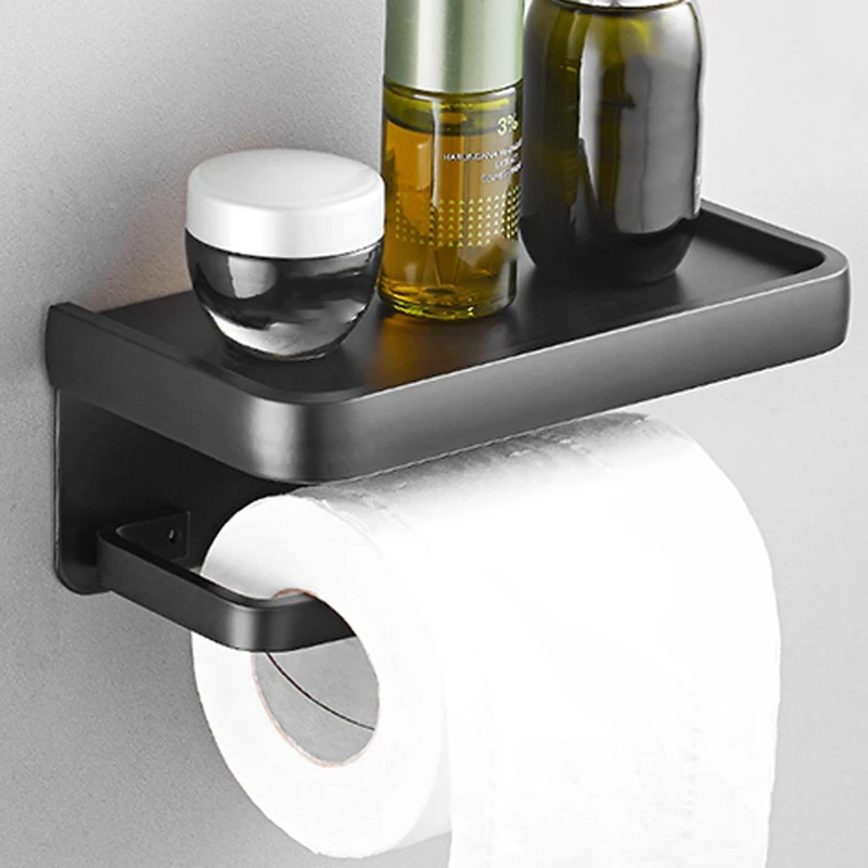 Bathroom Toilet Paper Holder Roll Holder, Black Toilet Paper Holder No Punch Tissue Holder Wall Mounted With Shelves