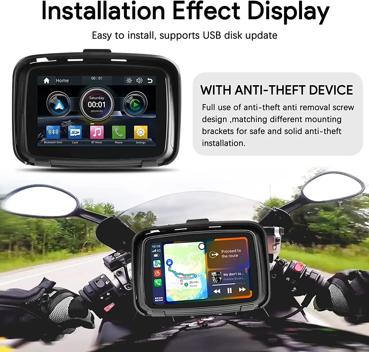 Display Motor Wireless CarPlay Monitor Android Auto Screen AirPlay AutoLink USB Music BT WIFI GPS Navigation Motorcycle CarPlay