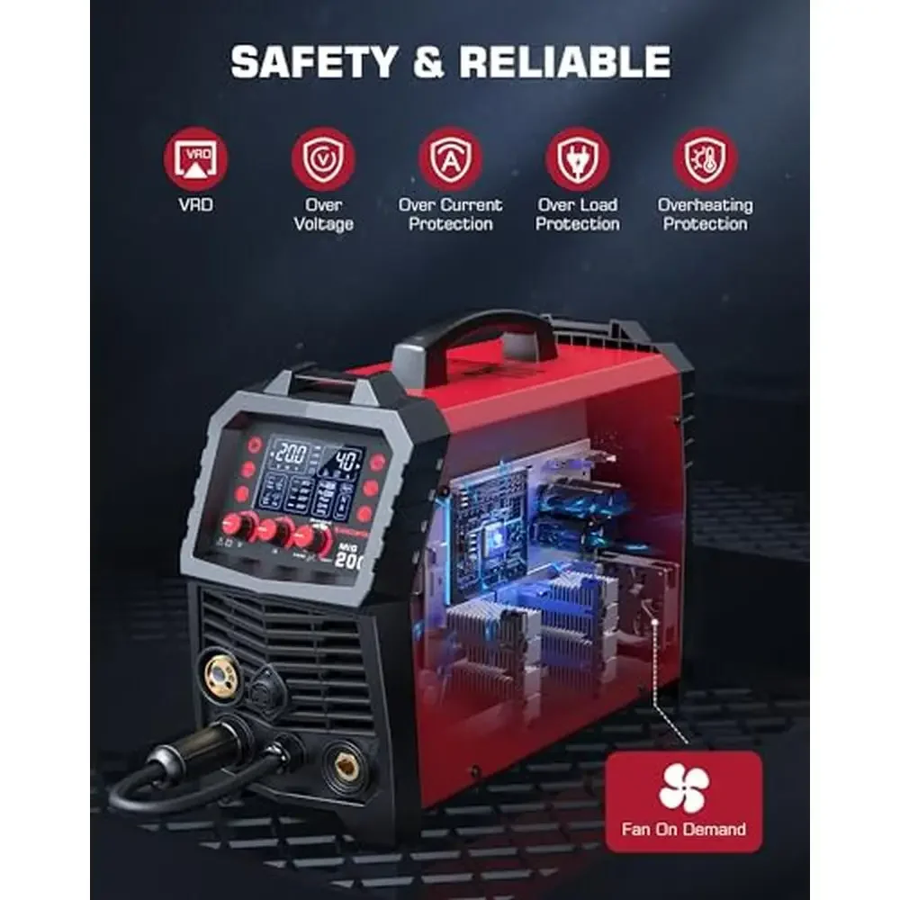 200Amp 6-in-1 Welder Gasless Flux MIG Stick TIG Spot welding Spool Gun Aluminum Multi Process Easy to Use LED Display High 6