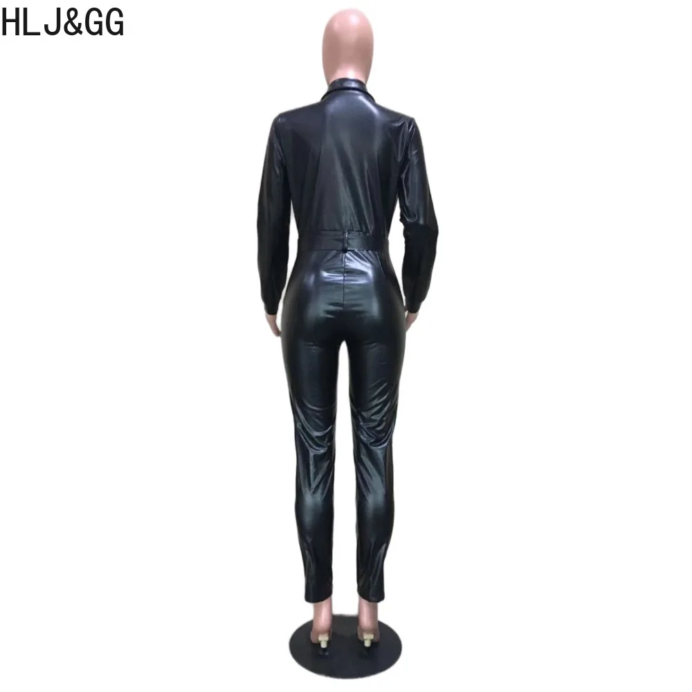 HLJ&GG Black Sexy PU Leather Skinny Jumpsuits Women Deep V Button Long Sleeve Playsuit Autumn Female Solid Color Lace Up Overall