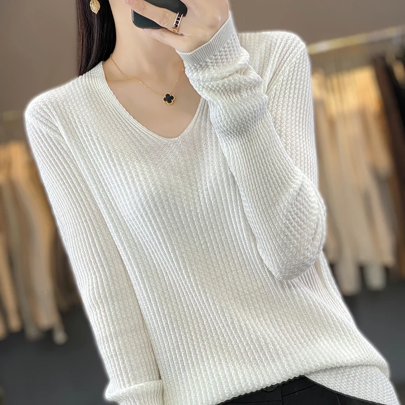 

Women 100% Merino Wool Silk Sweater V-neck Folded Honeycomb Grid Pullover Spring Autumn Cashmere Casual Knit Warm Bottoming Tops