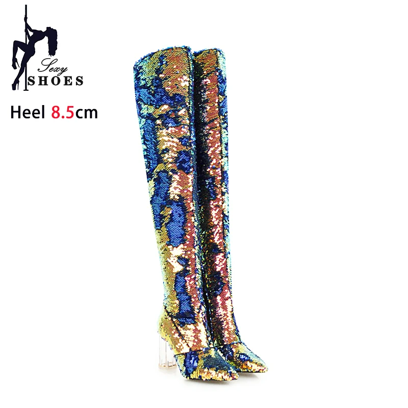 Women Fashion Pointed Toe Long Boots Nightclub Over The Knee Winter Shoes Female Crystal Chunk High Heels Bling Thigh High Boots