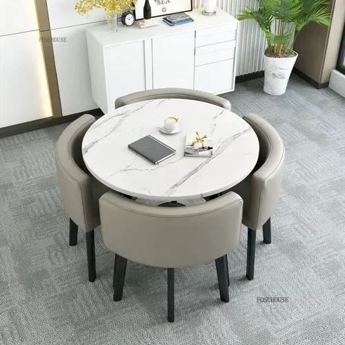 Conjunto de mesas de jantar redondas nórdicas, móveis para sala de jantar, cozinha, conjunto de mesa de jantar com 4 cadeiras, luz para casa, mesas centrais de luxo 29