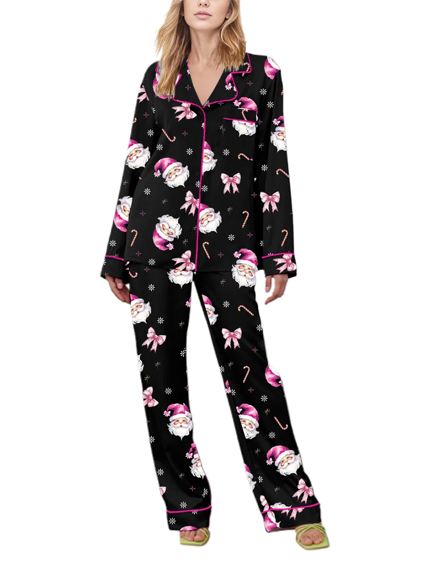 thumbnail image 1 of Conjunto de pijama navideño para mujer, estampado de Papá Noel, camisa de manga larga abotonada con pantalones elásticos, ropa de dormir, ropa de estar por casa, pijamas, 1 of 4