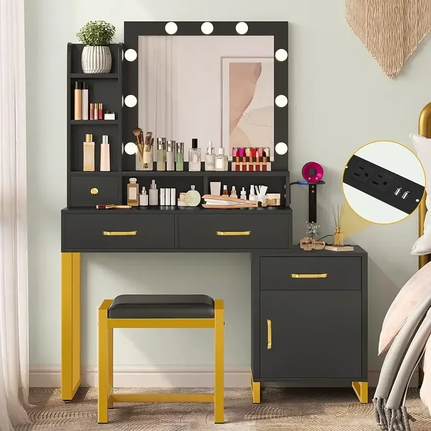 

DWVO Makeup Vanity with Lights and Charging Station, Vanity Mirror with Lights and Table Set, Large Vanity Desk with