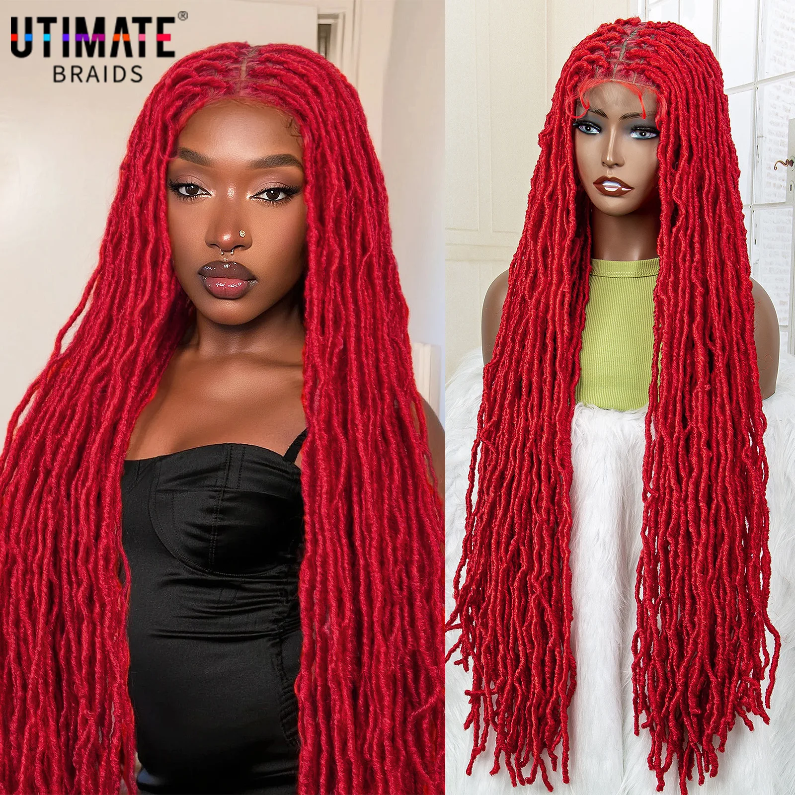 36 Inches Red Colored Super Long Synthetic Full Lace Braids Wigs Locs Dreadlock Knotless Box Braided Wigs for Afro Black Women