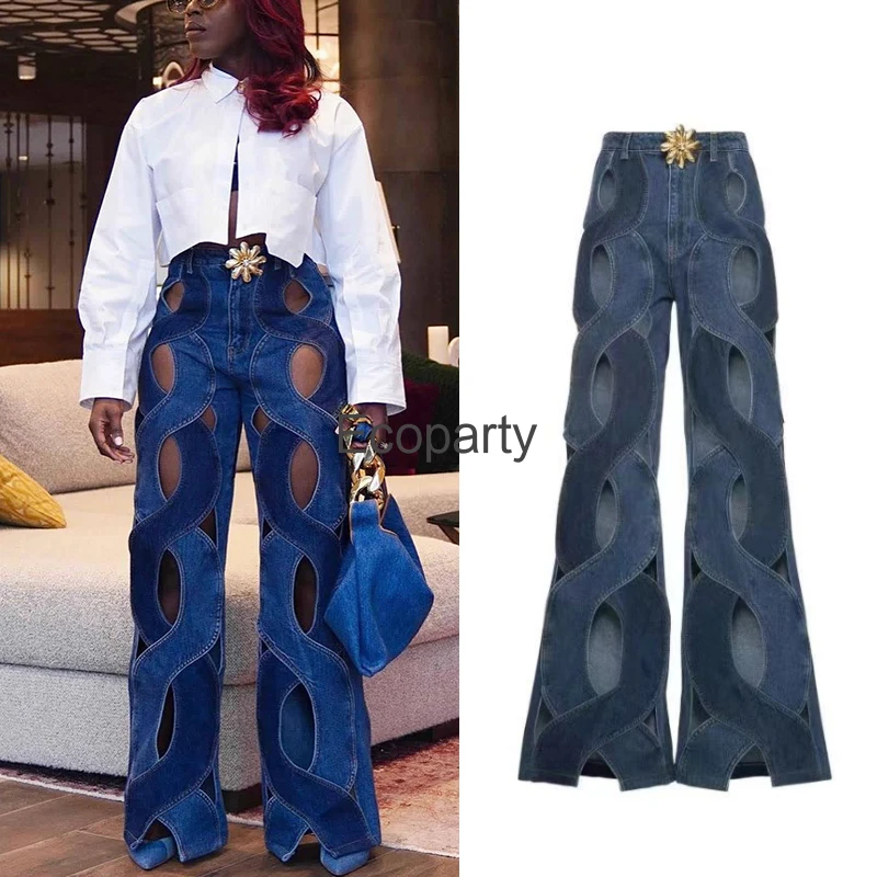 

Women Fashion High Waisted Hollow Out Jeans Blue Sexy Criss Cross Straight Flare Pants 2023 Ins Leisure Wide Leg Jeans Trousers