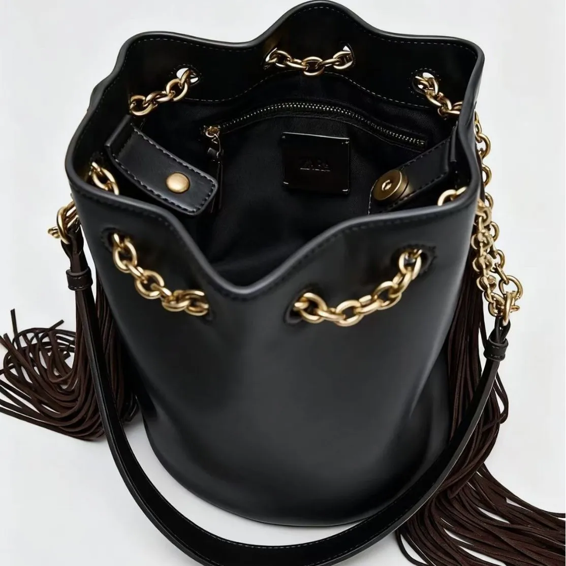 Fashion Tassel Bucket Bag Chains Drawstring Bags For Women Shoulder Bag PU Leather Handbag Ladies High Quality Purses NEW Tote