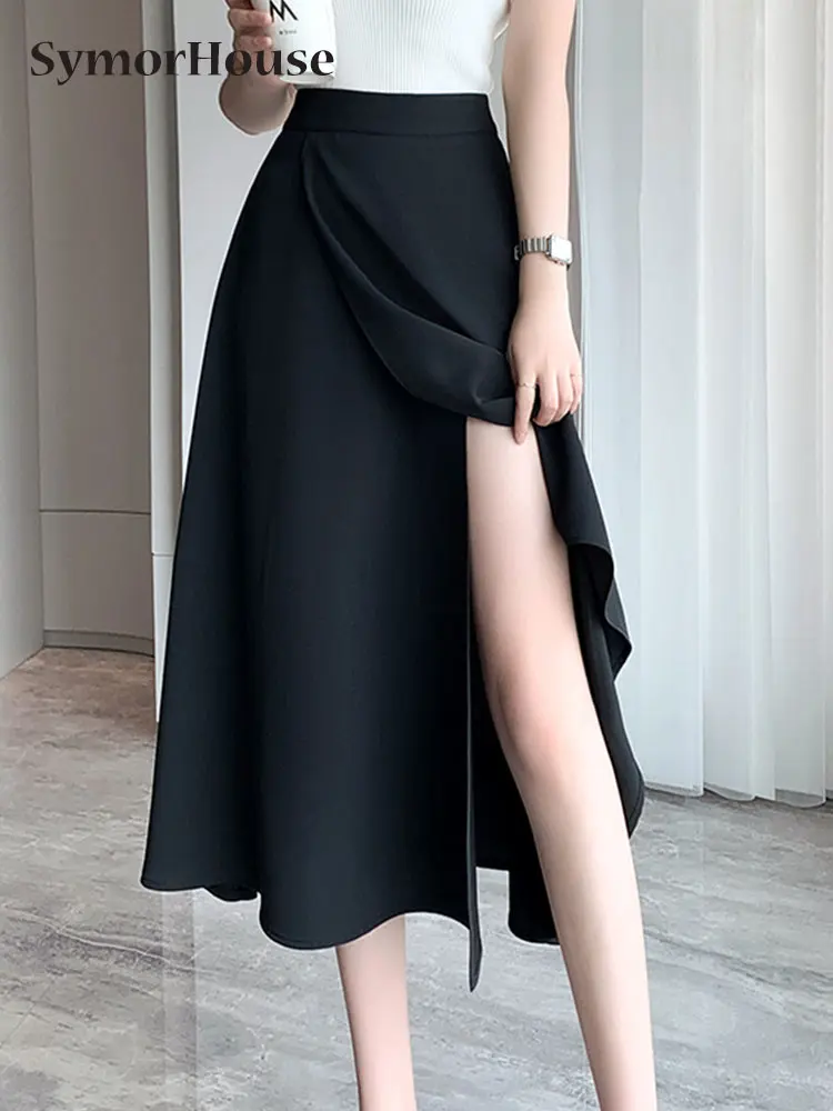 

Hot Sale Spring Summer New Black Irregular Split A-Line Skirts Women High Waist Casual Office Lady Midi Skirts Female