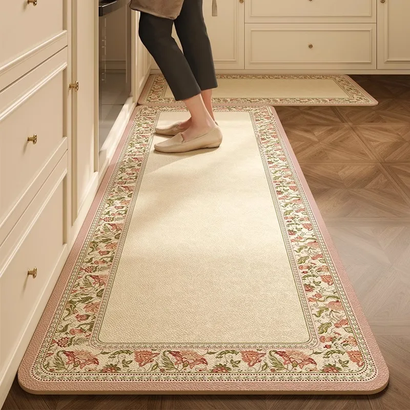 PVC Kitchen Floor Mats European Retro Floral Oil-proof Water Proof Bathroom Leather Carpets Firm Non-slip Balcony Rugs 러그 Ковер