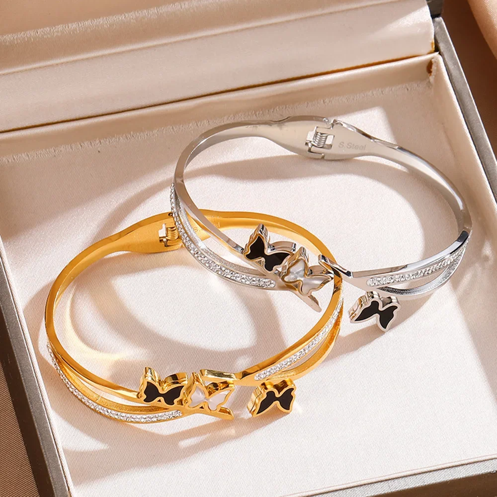 Double Layer Butterfly Bangles for Woman Luxury Inlaid Zircon Stainless Steel Gold Plated Bracelets Jewelry Mother's Day Gifts
