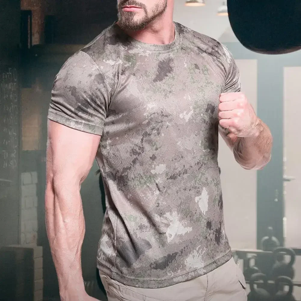 Men Training T-shirt Quick Dry Camouflage Solid Color Breathable Short Sleeves Disguise 3D Print Serpent Skin Print Men Summer T