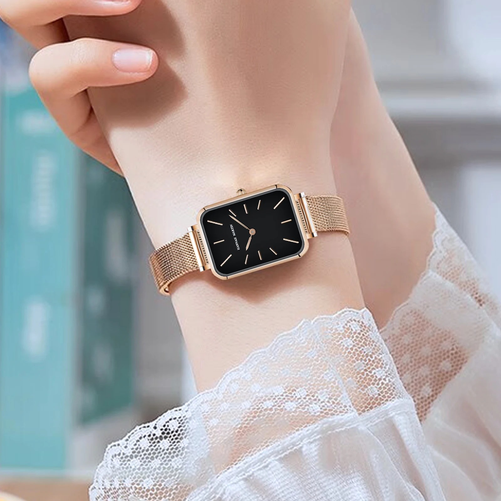 Square Women Stainless Steel Mesh Strap Watch Fashion Japanese Movement Rose Gold Simple Leisure Fashion Hannah Martin Watches 6