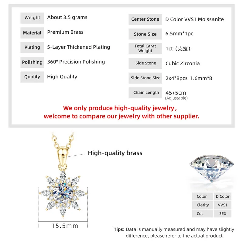 OXTAO Original Moissanit-Sonnenblumen-Anhänger-Halskette, 6,5 mm, 1 Karat, D-Farbe, für Damen, Schlüsselbeinkette, Halskette, Schmuck, 14 Karat Gold gefüllt – Detail 1