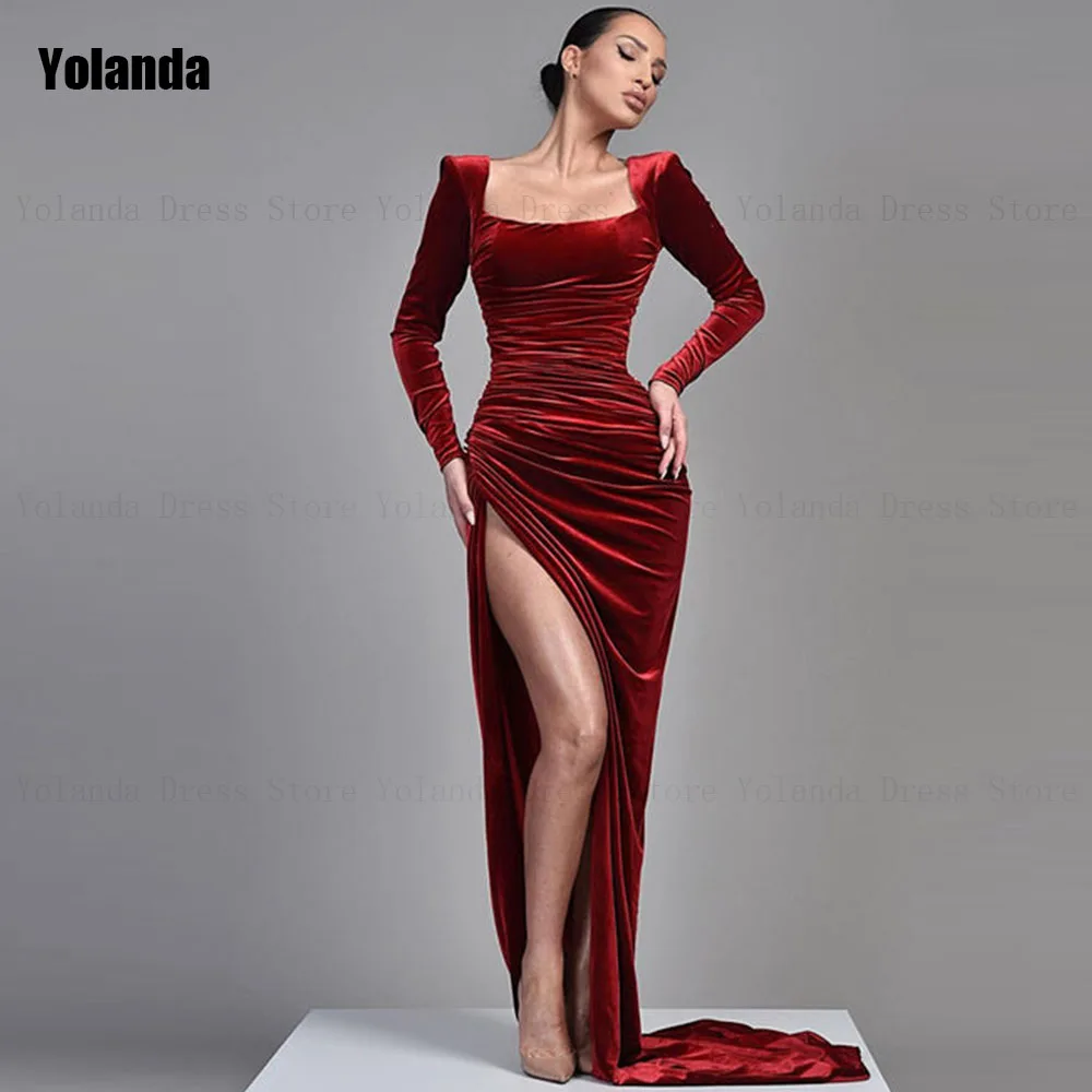 

Red Simple 2024 New Design Square Mermaid Evening Dresses Ruffle Front Split Open Back Party Dress Floor Length Robe de soirée