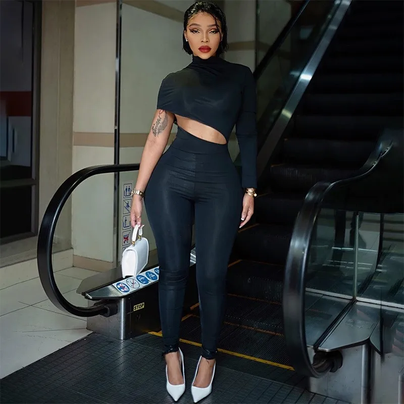 Women Sexy Cut Out Irregular Jumpsuits Black Hipster Long Sleeve One Piece Rompers 2023 Fashion Overalls Streetwear Slim Outfits