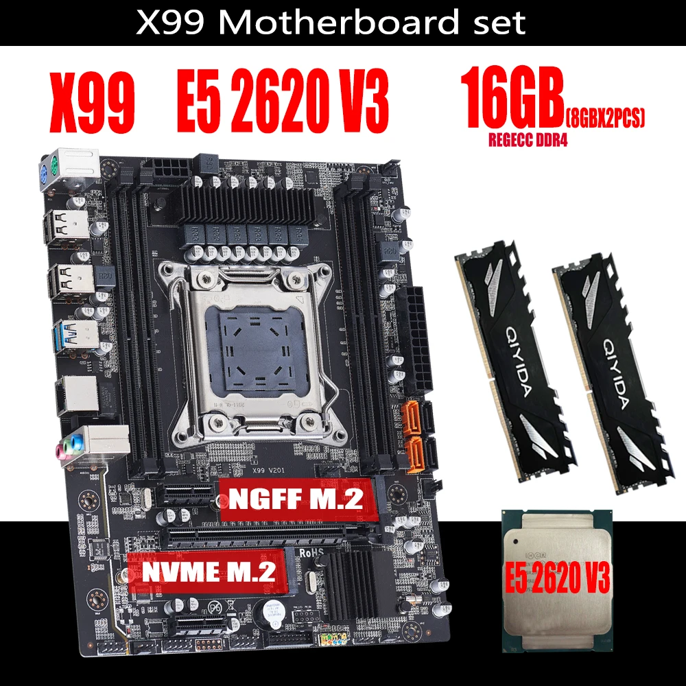  X99 motherboard set Xeon E5 2620 V3 LGA 2011-3 CPU 2pcs X 8GB =16GB 2133MHz DDR4 memory 