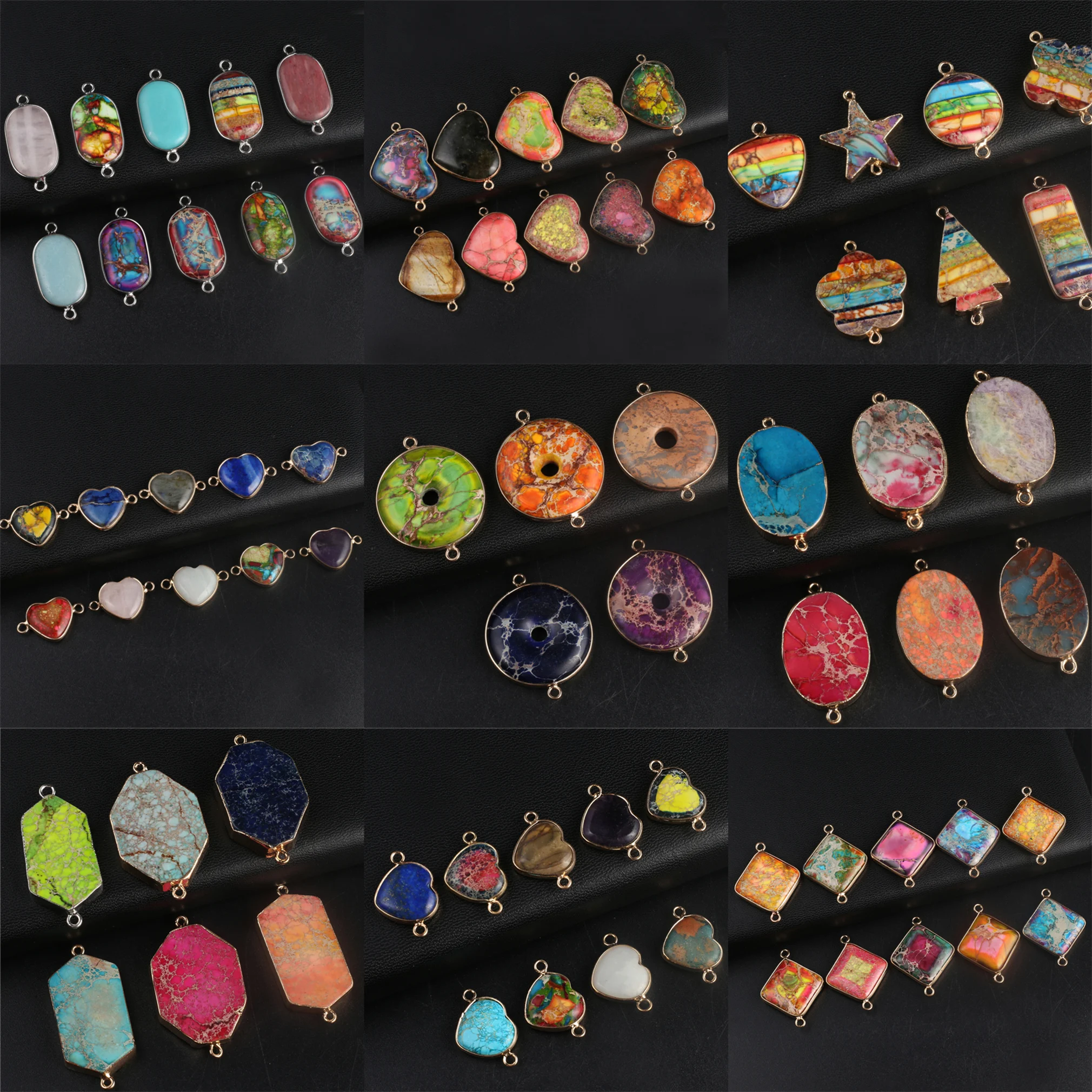 

Natural Agate Crystal Stone Charms Colors Round Square Heart Double Holes Connector For Jewelry Making DIY Bracelets Necklaces