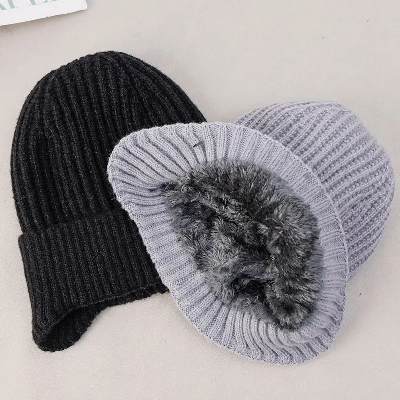 New Men Velvet Lining Skullies Beanies Hat Scarf Thick Warm Winter Dad Velvet Earmuffs Cap Crochet Bonnet Plush Knitted Caps