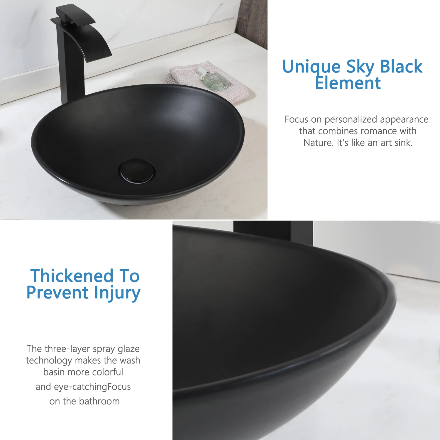 ZAPPO Bathroom Vessel Sink Bowl Stone Resin Vessel Sink with Faucet and Drain Combo Big Black Oval Modern Above Counter