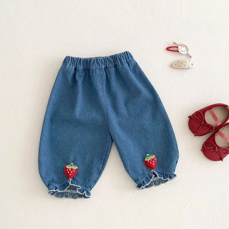 Girls Embroidered Strawberry Shirt Jeans Outfit