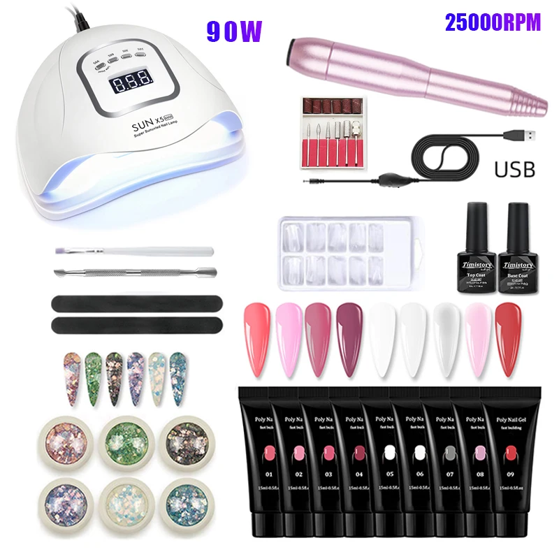 

Acrylic 15ml Poly Nail Set 25000RPM Nail Drill Machine And 90W/72W UV LED Nail Lamp Extensions Gel Nail Art Set