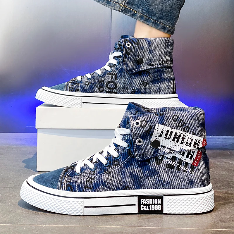 HKDQ High Top Canvas Shoes Men Fashion Casual Blue Men's Vulcanize Shoes Street Style Breathable Denim Designer Sneakers For Men 2