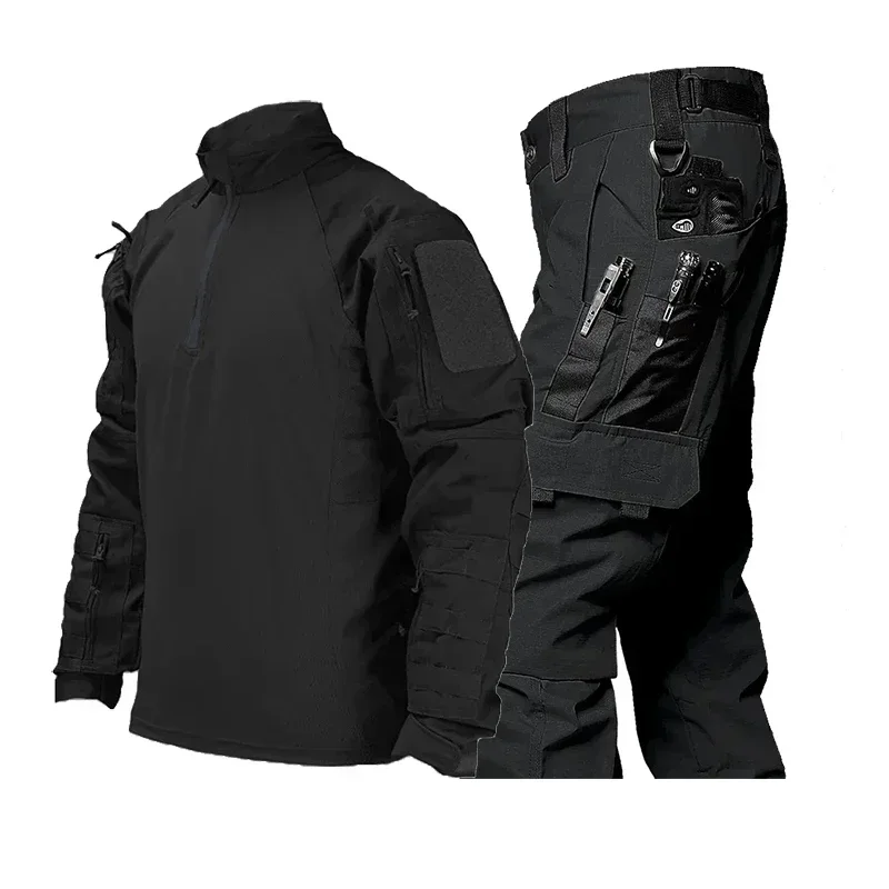 Autumn Tactical Sets Men Camo Breathable Wear-resistant Long Sleeve Tshirt+Multi-pocket Cargo Pant 2 Pcs Suits Training Suit