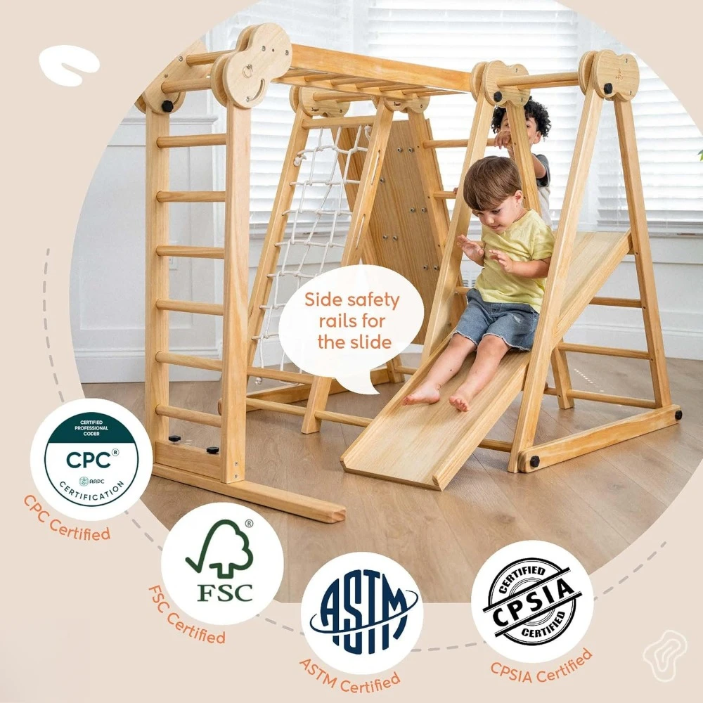 8-in-1 Indoor Foldable Playset for Kids - with Slide, Climbing Wall, Monkey Bars, Swing 6