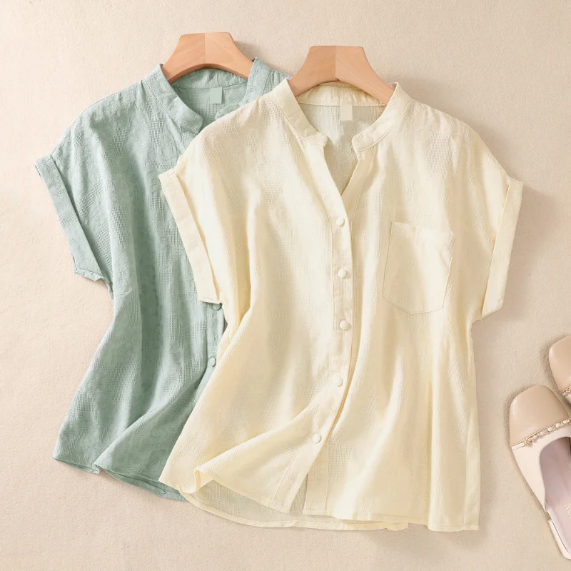 

Korean Jacquard Cotton Linen Shirt Women 2023 Summer Casual Blouse for Women Fashion Solid Raglan Sleeve O Neck Loose Tops 27755
