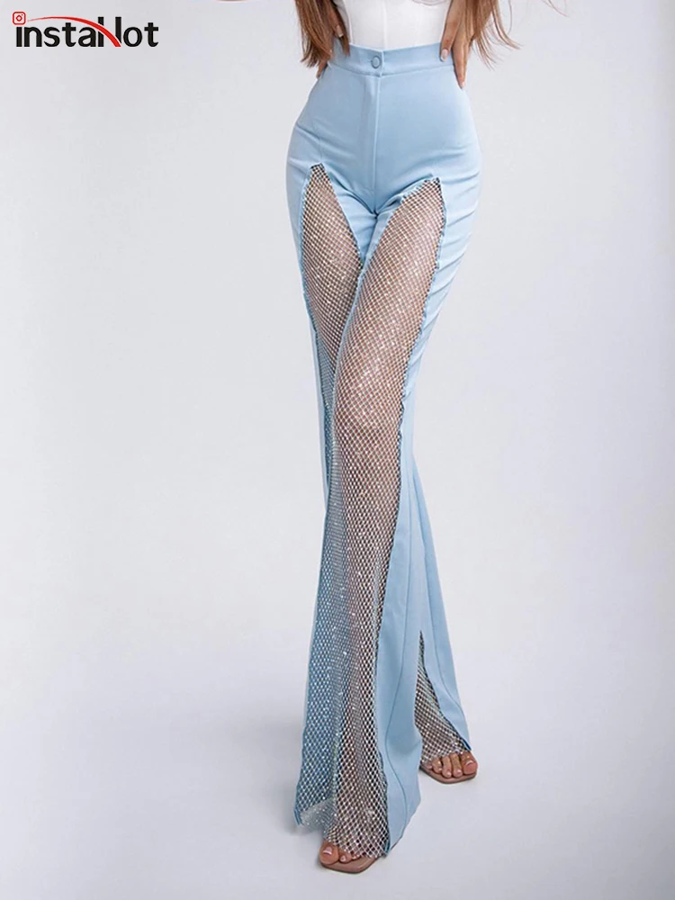 

InstaHot Sheer Mesh High Waist Wide Leg Pants Women's Bling Glitter Elastic See Through Loose Flare Bell Bottom Shiny Pants