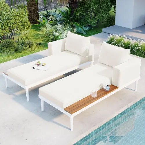 Outdoor sofa Patio Daybed with Wood Topped Side Spaces for Drinks, 2 in 1 Padded Chaise Lounges for Poolside, Balcony 2