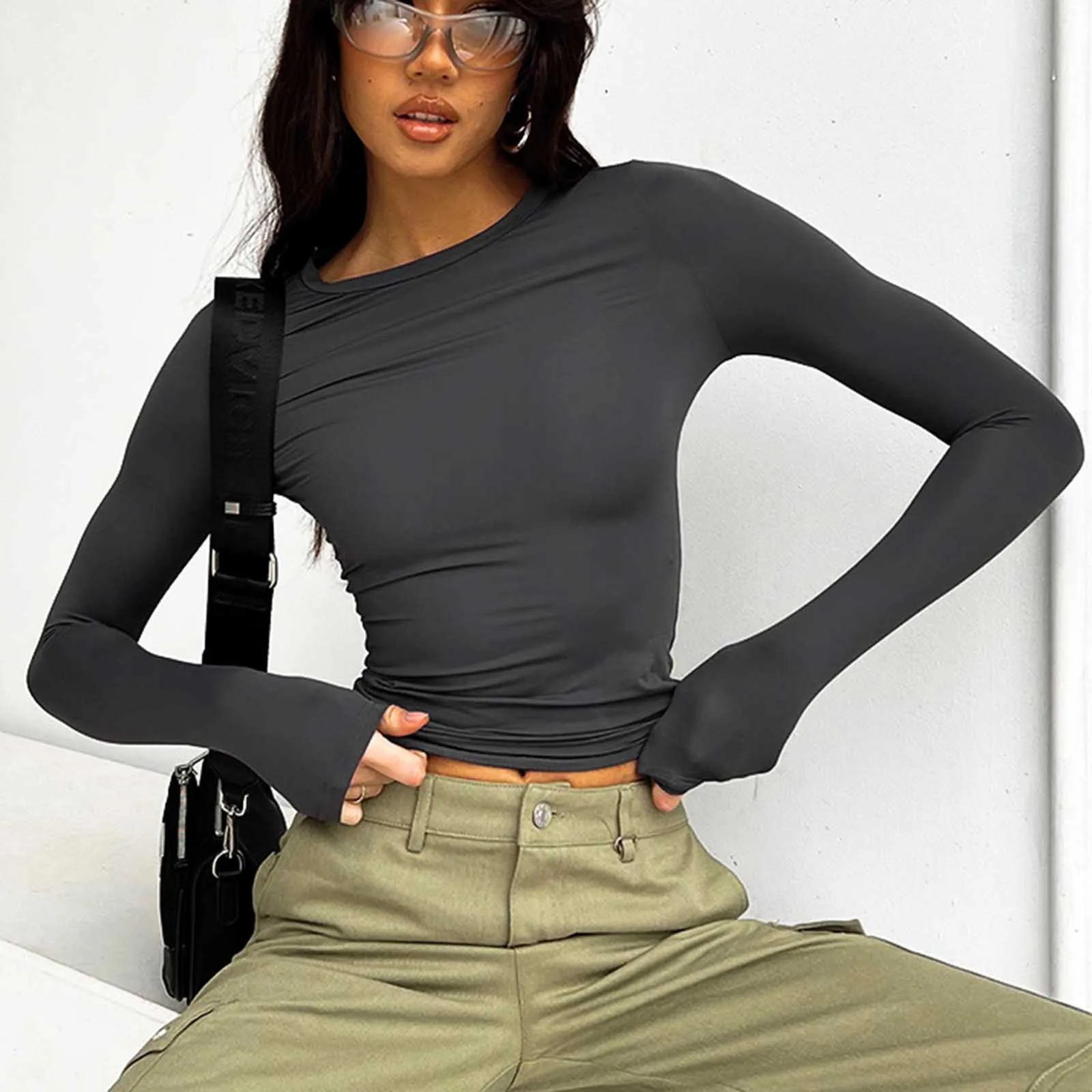 Women's Slim Top Long Sleeve Shirts Basic Crop Tops Going Out Fashion Solid Colour Round Neck Underscrubs Layer Slim Fit Tops 4