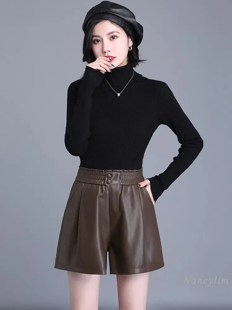 Grey Leather Shorts Womans 2023 Autumn Winter New Genuine Leather Elastic Waist Wide Legs Sheepskin Outerwear Bootcut Shorts