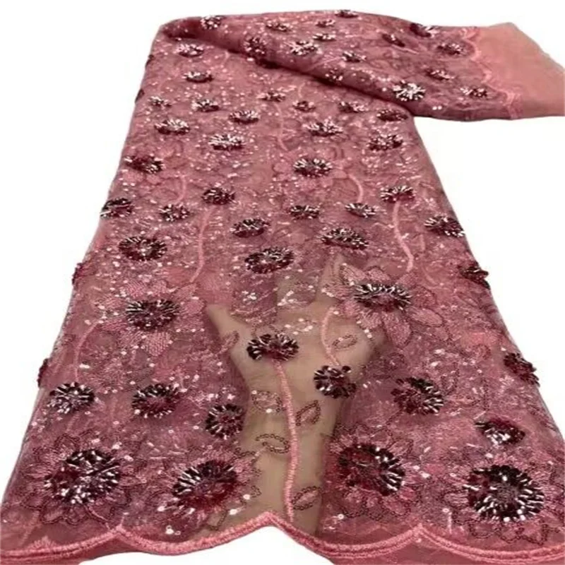 

Nigerian Lace Fabric For Wedding Dress 2023 Pink Sequins Embroidered African Tulle Lace Fabric French Voile Net Lace Fabric