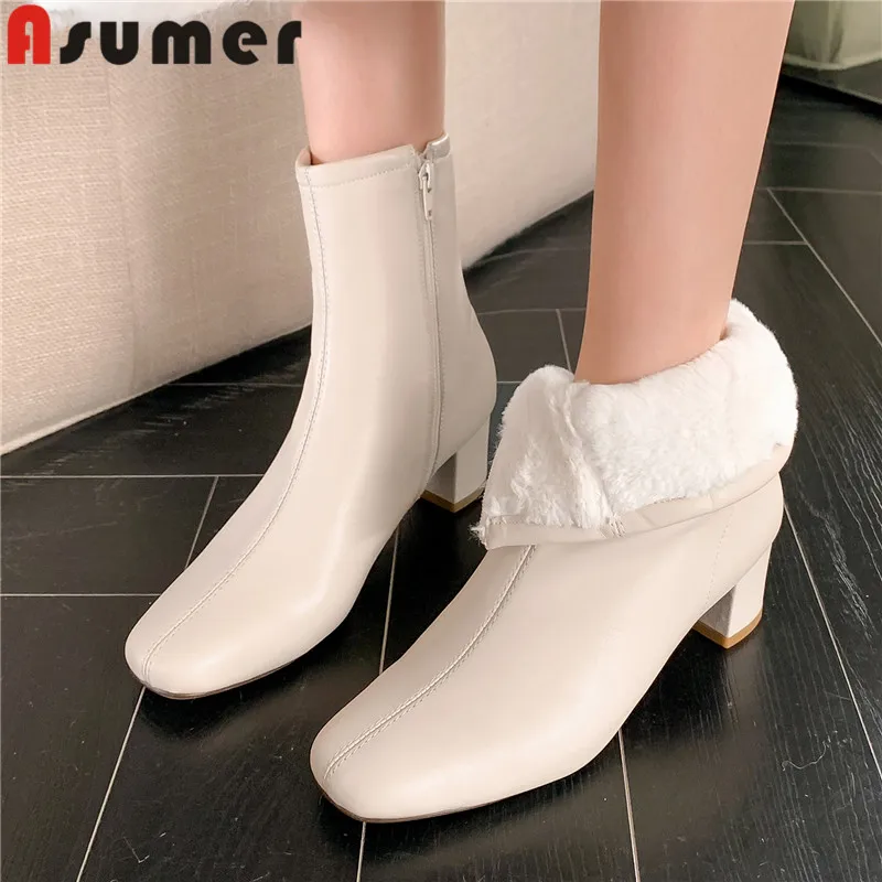 

ASUMER 2024 New Ladies Snow Wool Ankle Boots Winter Autumn Square Med Heels Shoes Genuine Leather Women Boots