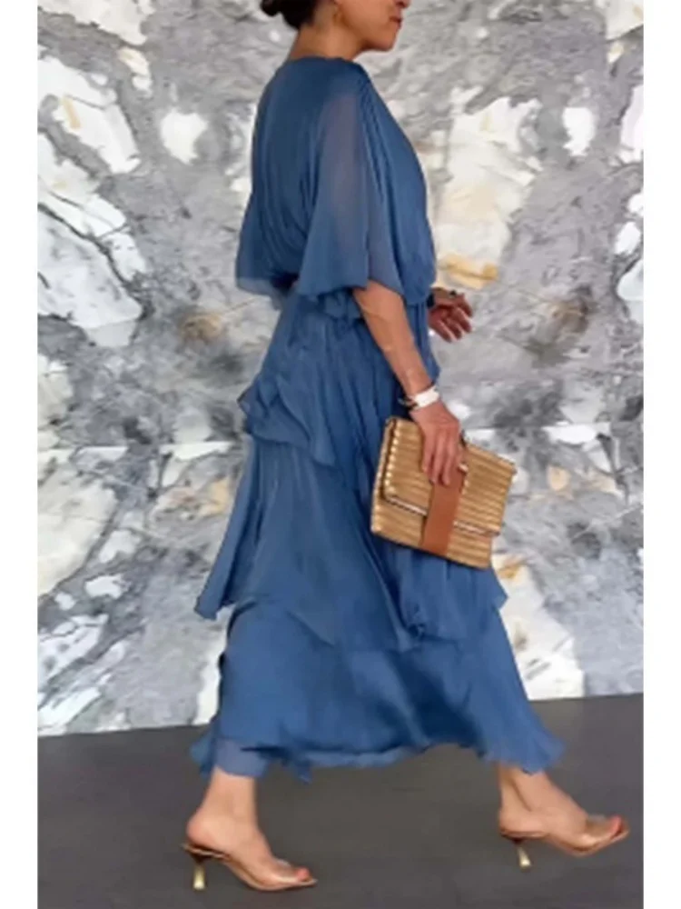 wmstar dress women wholesale 2025 New European American cross border summer solid color V neck chiffon cake Bat sleeve dresses