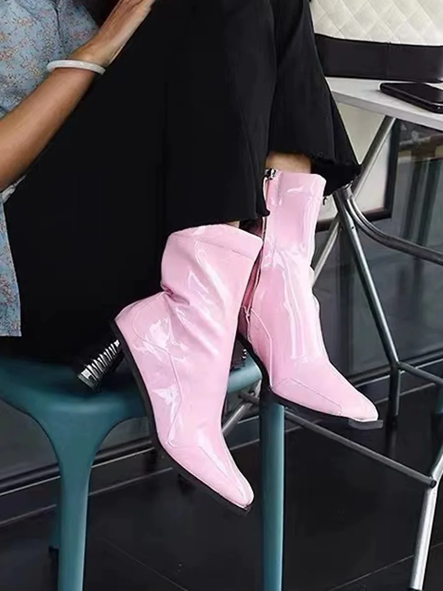 

Strange Chunky Heel Ankle Boots Solid Color Slimming Heightening Chelsea Booties Patent Leather Square Toe Side Zip Women Shoes
