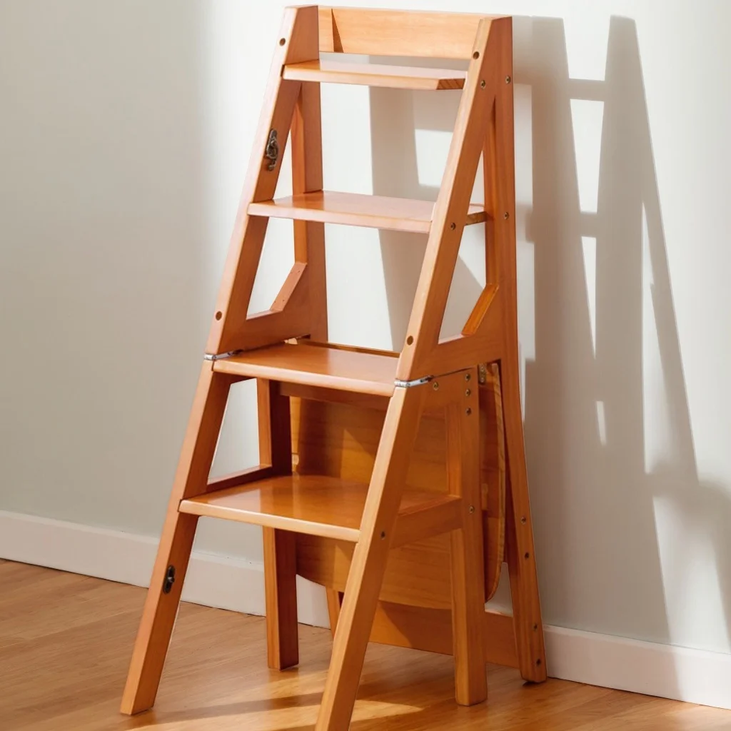 Foldable 4 Step Wooden Ladder Stool Multi-Functional Home Step Ladders Storage Shelf - Image 2