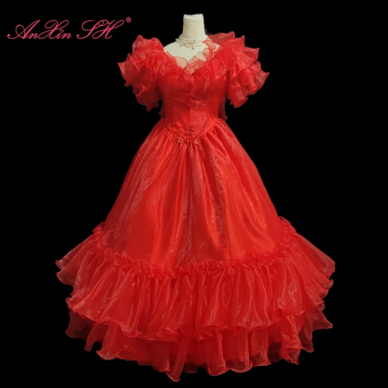 

AnXin SH vintage princess orange red lace v neck short sleeve beading flower pearls ruffles lace up bride Antique wedding dress