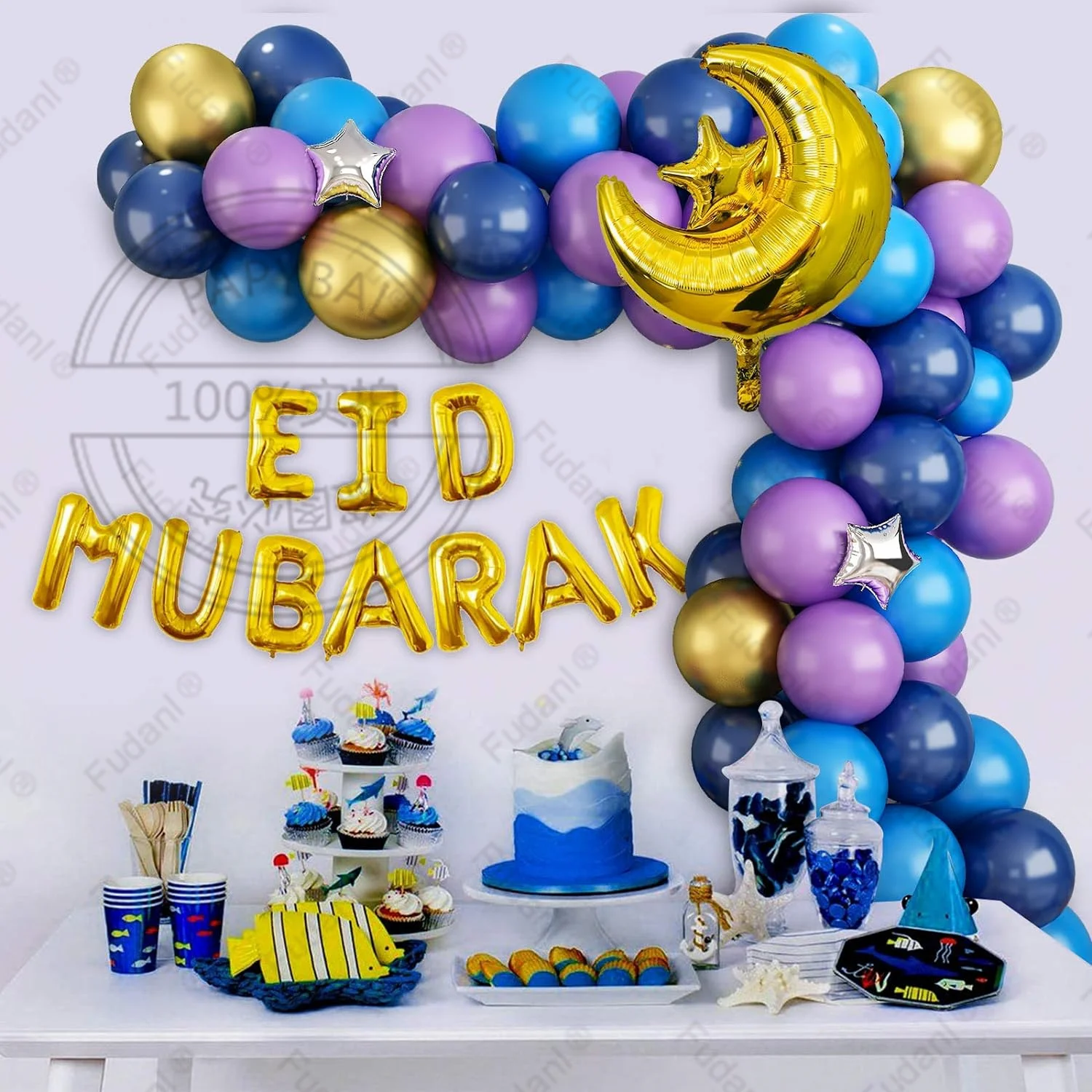 Eid 무바라크 풍선 아치 키트, 블루 골드 퍼플 달 스타 포일 풍선, 라마단 무바라크 파티 장식, 홈 홀리데이 장식