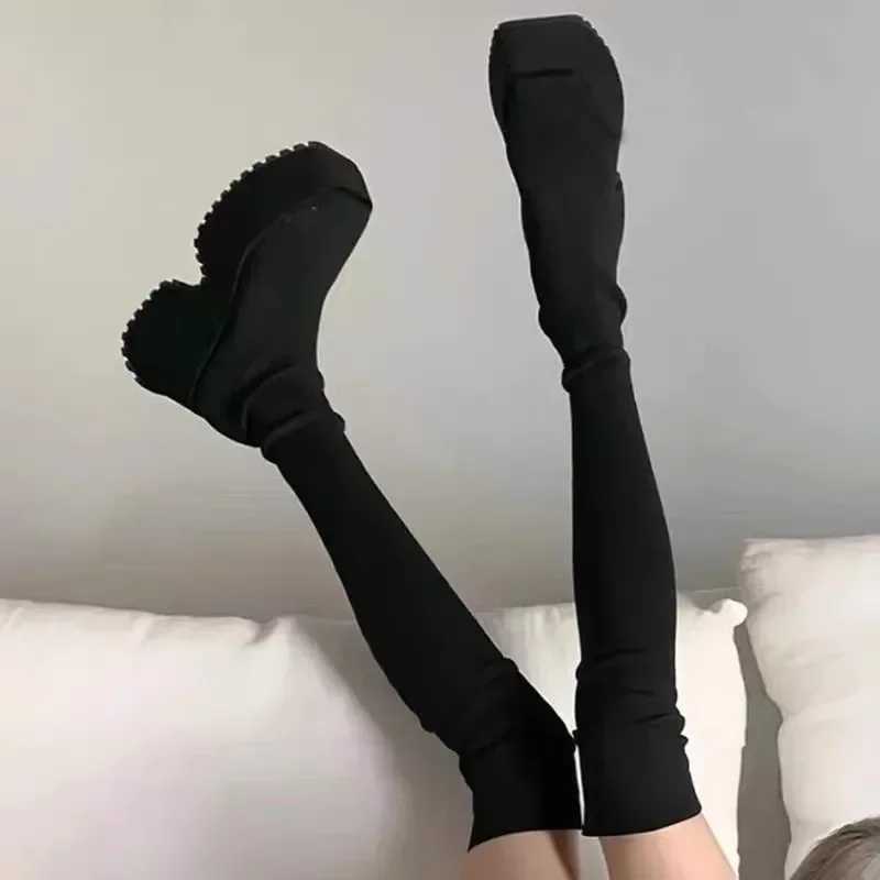 Women's Over The Knee Sock Boots 2023 Winter New Fashion Stretch Thick Heels Knitted Long Boots Women Slip on Platform Shoes