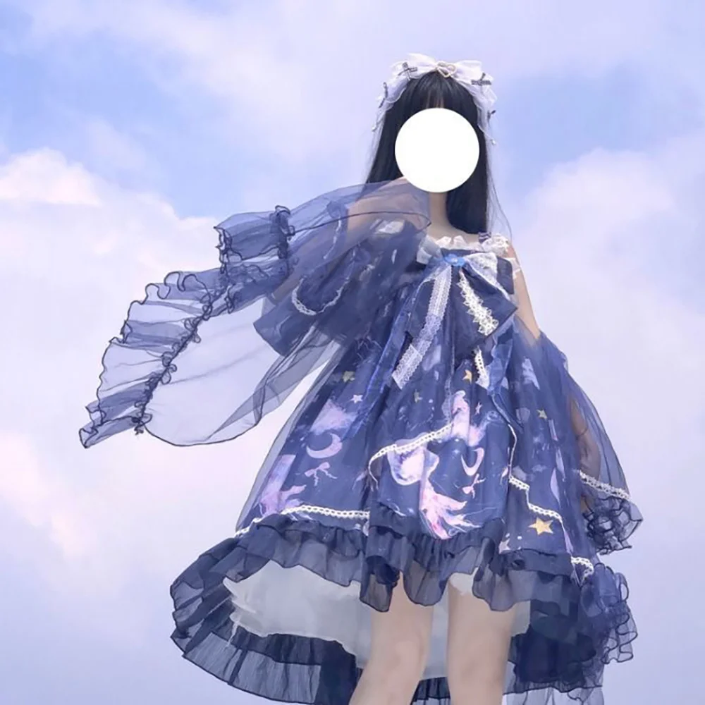 

Japanse Lolita Jellyfish Navy Blue Jumper Skirt Sea Creatures Print JSK Bow Goth Lolita Kawaii Dress
