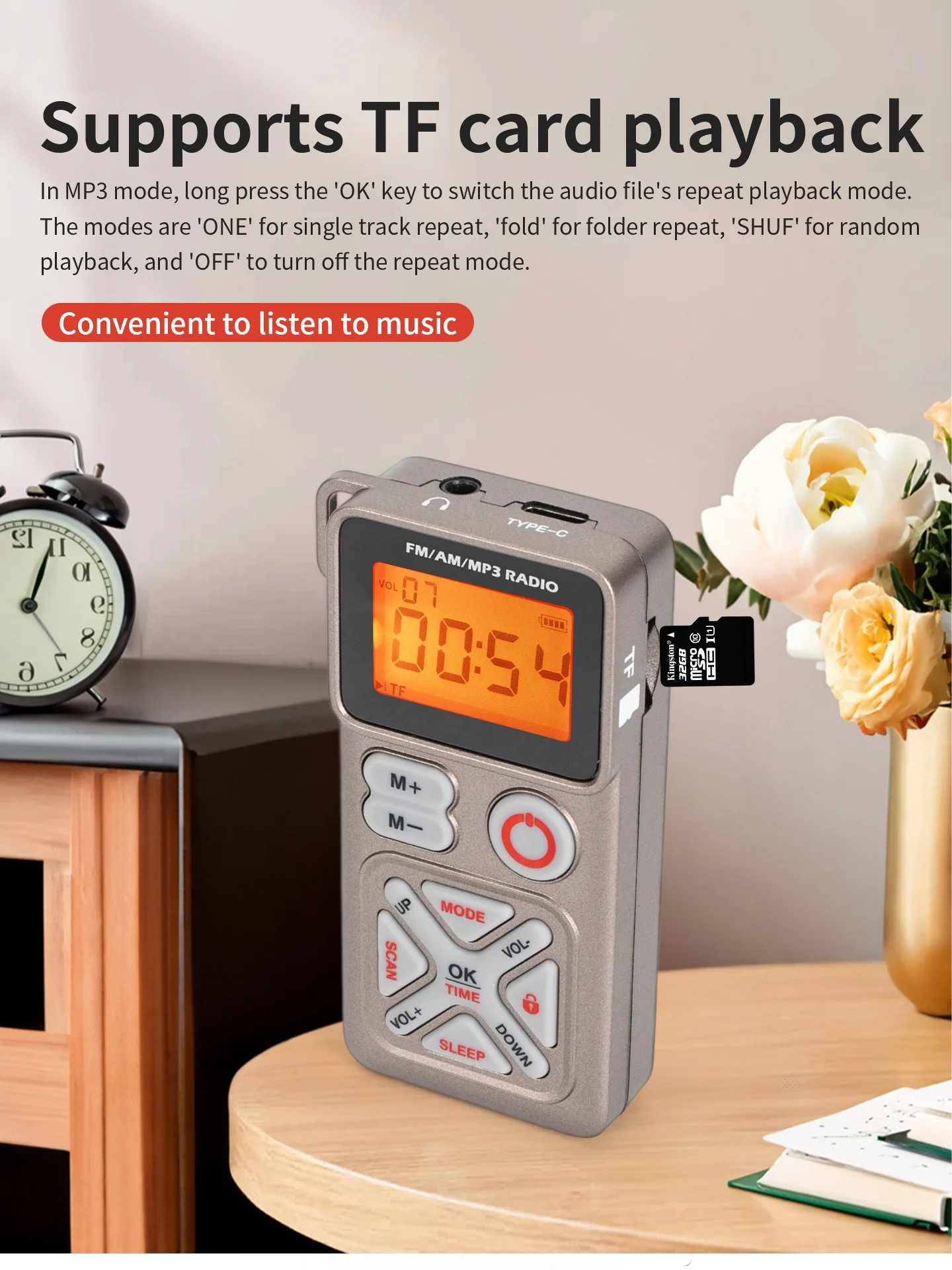 Mini Pocket Radio Portable FM AM MP3 Radios Recevier Sleep Timer 3.5mm Headphones Jack TF Card Music Player Type-C Rechargeable