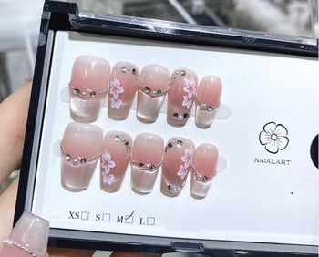 10PCS Gentle Pink Flower Patterns Coffin Press on Nail Shiny Cat Eye French with Diamonds Sweet Handmade Fake Gel Nail Wearable