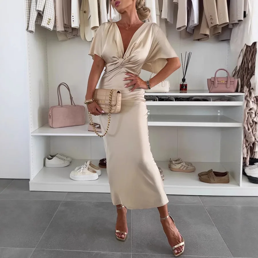 Women's Satin Elegant Deep V Collar Bat Short Sleeve Party Dress Ladies Fashion Temperament Slim Fit Solid Color Long Dress 1