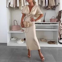 Party Dress – Women’s Satin V-Collar Short Sleeve Slim Fit