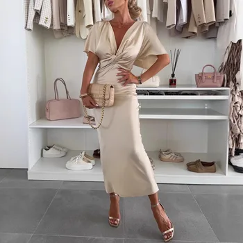 Women's Satin Elegant Deep V Collar Bat Short Sleeve Party Dress Ladies Fashion Temperament Slim Fit Solid Color Long Dress 1